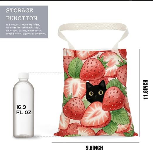 Black Cat Car Trash Bag, Strawberry Car Trash Bag Hanging, Strawberry Accessories, Summer Decor Waterproof Cars Back Seat Hanging Organizer Garbage Can for Vehicle Travelling Camping