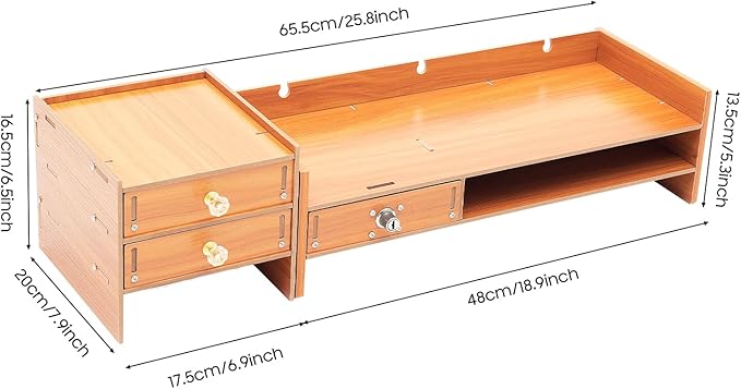 Computer Monitor Stand with Drawers, 18.9 Inch Wood Monitor Stand, Computer Rack with Lockable Drawer & Phone Holder for Office Home