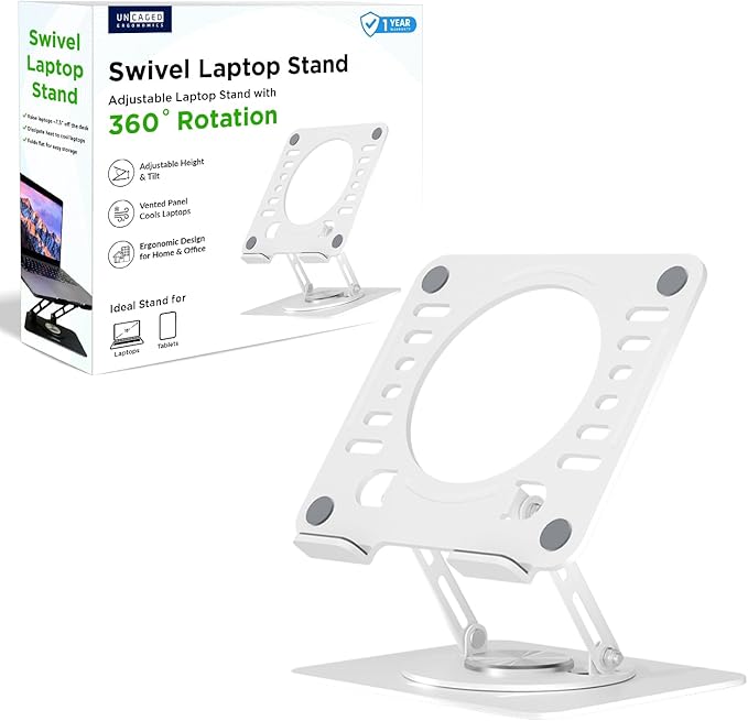 Uncaged Ergonomics Swivel Laptop Stand for Desk, Adjustable Computer iPad Stand for Desk w/ 360 Rotation, Portable Laptop Holder for Home Office Ergonomic Supplies (White)