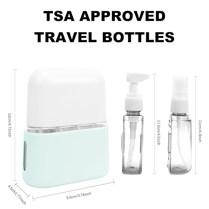 Skycase Travel Bottles - Leak Proof Refillable Tsa Approved Travel Size Toiletries, 4 in 1 Liquid Bottles Containers with Labels and Funnel Airplane Accessories Kits for Lotion Liquid (Blue)
