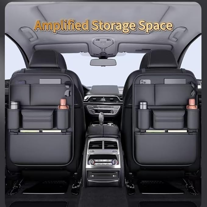 Premium Leather Car Seat Organizer for Cars, SUV & Truck - Back Seat Headrest Storage Organizer with 6 Pockets, Large Capacity Waterproof Car Organizer Pocket for Phone, Bottle, Tissue, Toys (2)
