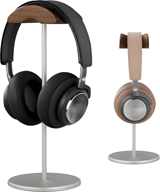 Headphone Stand Headset Holder with Wood and Aluminum Desktop Stand for Desk with Solid Heavy Base for All Headphone Sizes (Silver)