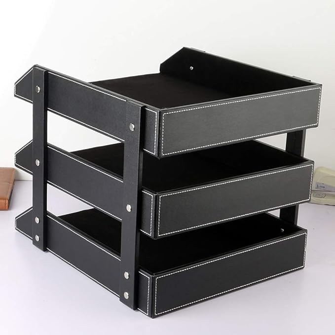 Leather Desk File Organizer, 3-Layer Stackable Tray, Used to Store documents, folders, Stationery, Magazines, Newspapers, Letters, and Other Home Office Sundries Desktop Organization Holder(Black)…