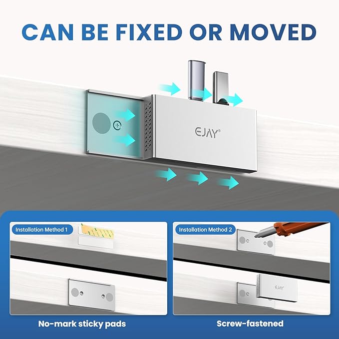 EJAY 10Gbps Magnetic USB-C Hub, 4-Port USB 3.2 Gen2 Aluminum Splitter, Desk Mounted with Extra Long 47" Cable, Anti-Slip Under Desk Hub for MacBook, Surface, Dell, Silver