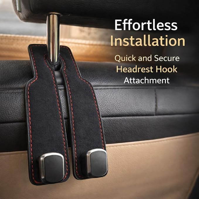 Leather Car Headrest Hooks, 2-in-1 Car Seat Back Purse Hooks with Double Metal Hangers, Universal Car Storage Holder for Bags, Handbags, Phones & Groceries(2PCS, Black)