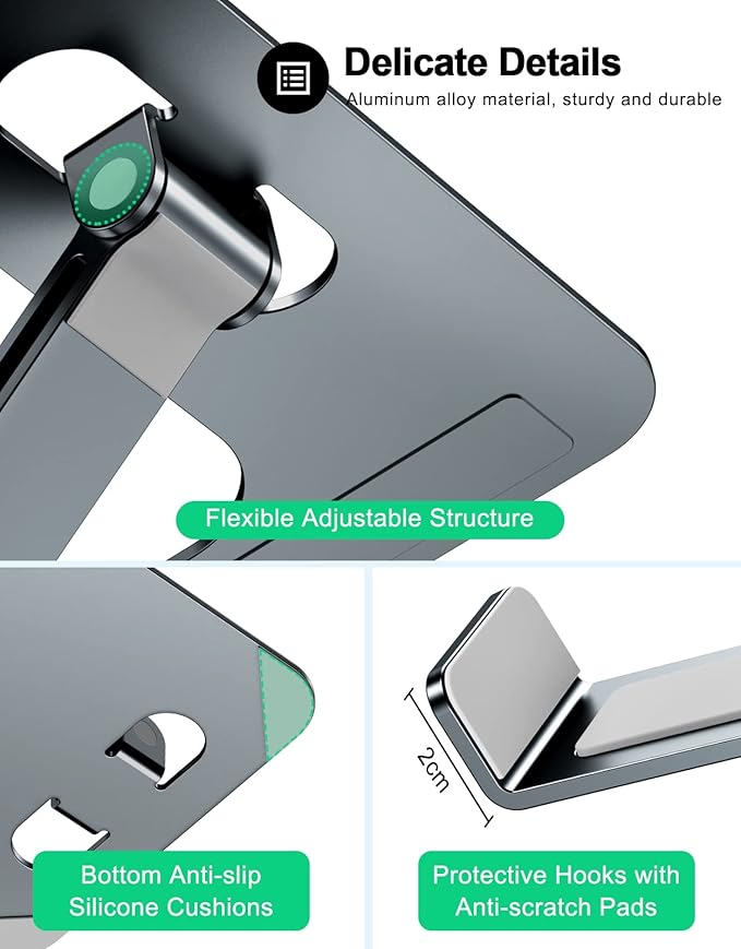 RIWUCT Foldable Laptop Stand, Height Adjustable Ergonomic Computer Stand for Desk, Aluminum Portable Laptop Riser Holder Notebook Mount Compatible with MacBook Pro Air, HP, Dell 10-16"(Gray)
