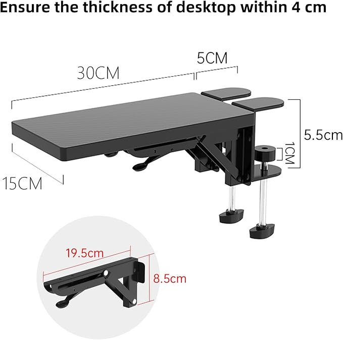Ergonomics Desk Extender Tray, 11.8x5.9" Punch-Free Clamp on, Foldable Keyboard Drawer Tray, Table Mount Arm Wrist Rest Shelf, Computer Elbow Arm Support