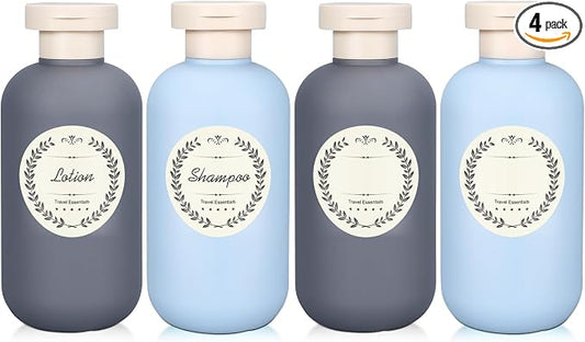 METAPACK 4Pack 6.8oz Travel Shampoo Bottles with Labels, Refillable Travel Bottles, Flip Top Squeeze Bottles, Portable Plastic Toiletry Containers for Lotion, Conditioner & Body Wash(grey, blue)