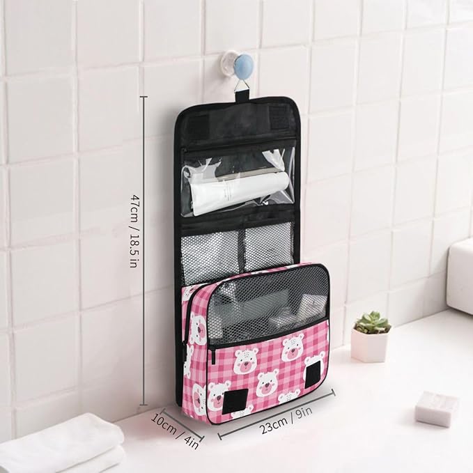 senya Hanging Travel Toiletry Bag Cute Kit Makeup Case Cosmetics Organizer for Men Women (Pink Checkered Bear's Face)