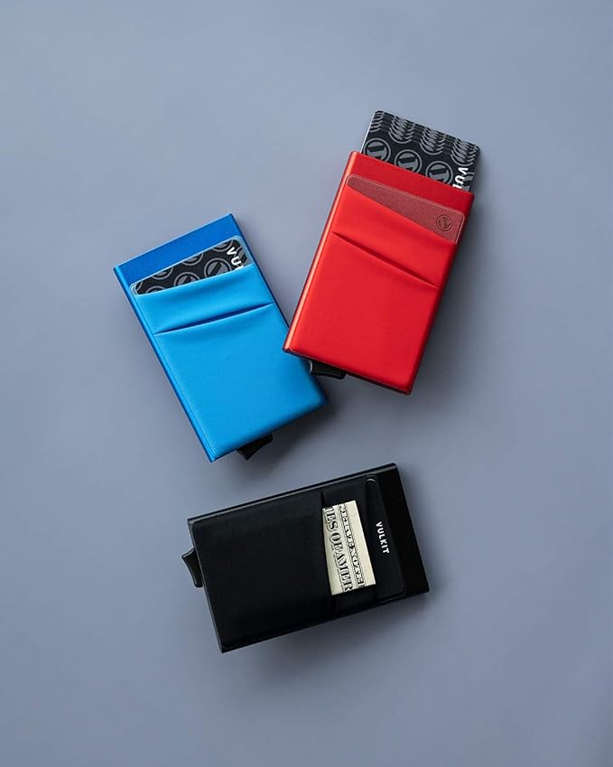 VULKIT Card Holder with Money Pocket Pop Up Wallet RFID Blocking Slim Metal Bank Card Case Holds 5 Cards and Notes