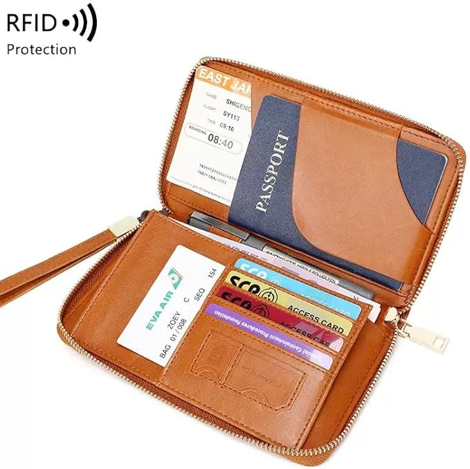 Multi-Functional RFID Passport Wallet,Travel Wallet for Men & Women,With zipper, anti-theft passport holder，Slim Leather Cover for Credit Cards, Tickets, Cash (Brown)