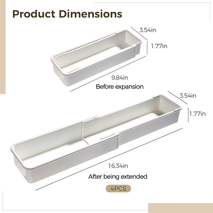 4 Pcs Expandable Drawer Organizers, Adjustable Drawer Dividers, Ideal for Kitchen, Bathroom, Office Utensil, Cutlery, and Office Supply Storage, White
