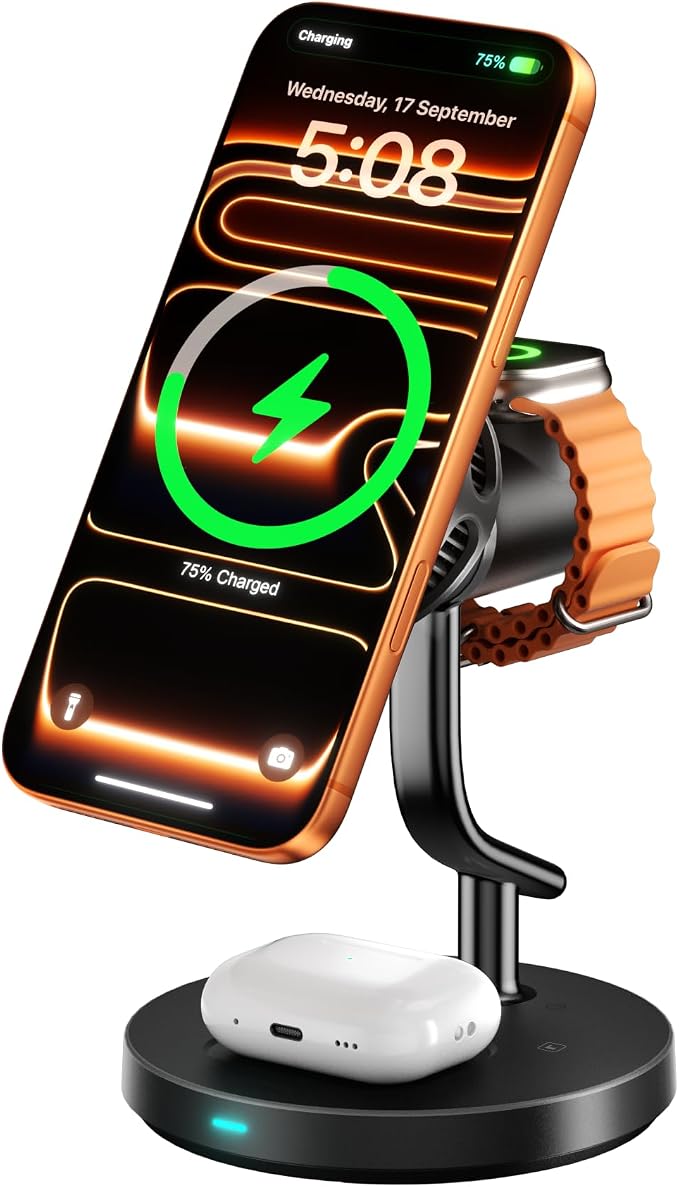 4 in 1 Wireless Charging Station, Qi2.2 25W Certified Fast Magnetic Charger, Mag-Safe Wireless Charger Stand with TEC Active Cooling and Night Light, for iPhone17/16/15/14/13/12, Apple Watch/AirPods