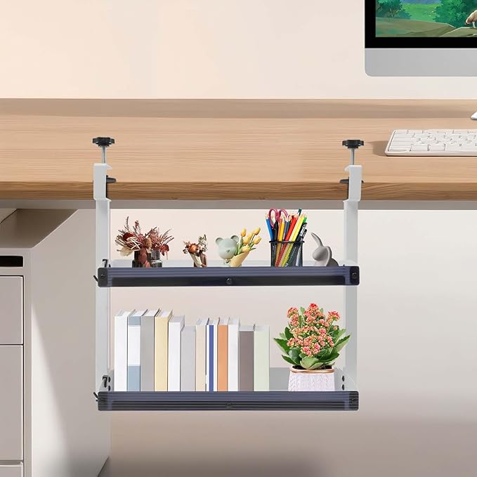 Clamp On Desk Shelf 2 Tier, Under Desk Storage Organizer, Adjustable Hanging Desk Shelf for Office Bedside Table, Space Saving Desktop Shelf with Guardrail, 17.32 x 15.35 Inch (White)