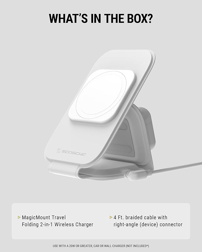 Scosche MSQFG2N1WT MagicMount Travel 2-in-1 Magnetic Dual Wireless Charging Station, Fast Charger Stand w/Foldable Flat Pad, Compatible with MagSafe Apple iPhone 16/15/14/13/12/Pro Max/Airpods, White