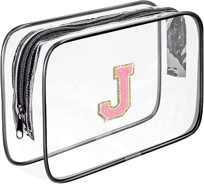 Clear Toiletry Bag,Portable Travel Toiletry Bag,Chenille Letter Cosmetic Bag with Zipper,Waterproof Makeup Bag,Cosmetic Storage Organizer for Women Men,Travel Essentials (Black,J)