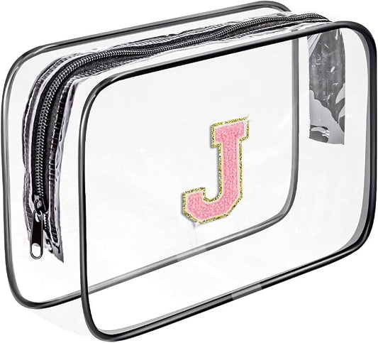 Clear Toiletry Bag,Portable Travel Toiletry Bag,Chenille Letter Cosmetic Bag with Zipper,Waterproof Makeup Bag,Cosmetic Storage Organizer for Women Men,Travel Essentials (Black,J)
