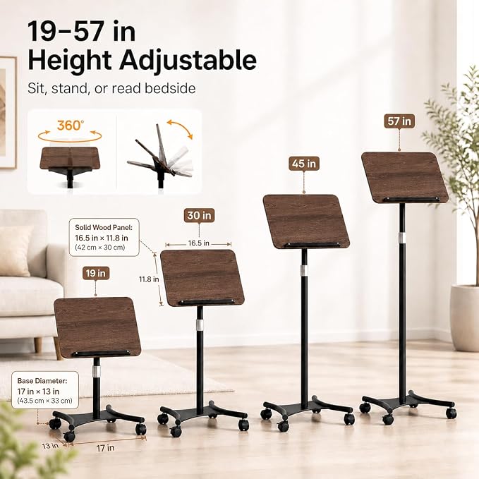 Rolling Book Stand with Wheels, Adjustable Sheet Music & Reading Stand | 16.5 x 11.8 in panel | 19-57 in adjustable height | 360° angle | Lockable wheels | For books, music, tablets