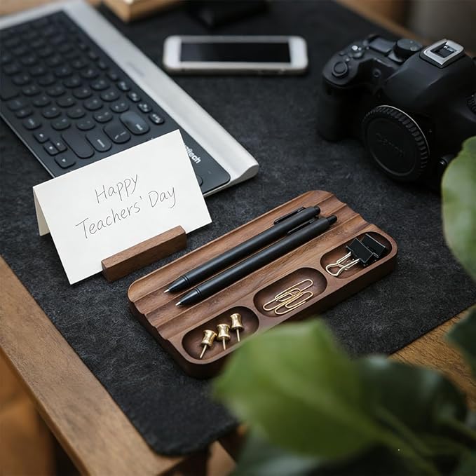 Horizontal Pen Holder,Acacia Wood Pen Tray,Desktop Pen Display,Walnut Desk Tray,Paperclip Headphones Eraser Office Stationery Storage,Brown