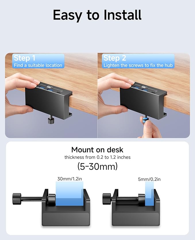 USB Hub 3.0, 5Gbps Clamp USB Hub for Desk/Monitors with Extra Power Supply Port, 3 USB-A Data Ports, USB-C Data Port for iMac Pro/iMac (Black)