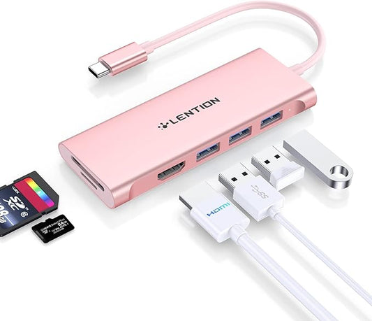 LENTION USB C Hub with 4K HDMI, 3 USB 3.0, SD/Micro SD 3.0 Card Reader, Compatible MacBook Pro/Air, Mac, Surface, Chromebook, iPhone17/16/15 Pro Max, More (Rose Gold)