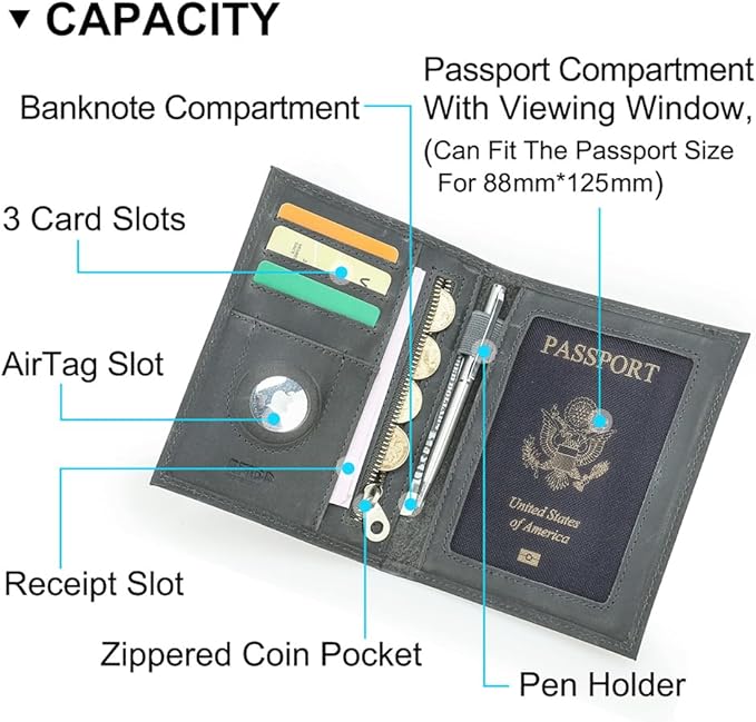 CONTACTS Full Grain Leather Passport Holder RFID Blocking Travel Passport Wallet Compatible with Airtag Passport Cover Case with 4 Cards Slots, Coin Pocket (Gray)
