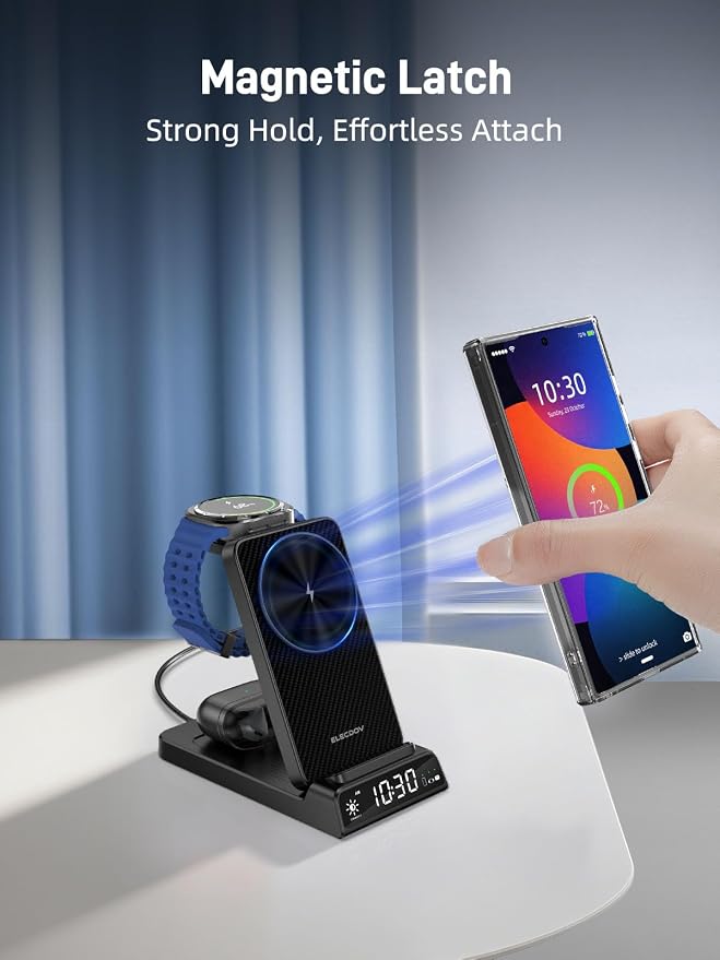 Magnetic Wireless Charger for Samsung, 3 in 1 Android Charging Station for Galaxy S26 Ultra/S25 Ultra/Z Fold/Flip, Galaxy Watch 8/8 Classic/Ultra, Buds 4, Nightstand Bedside Stand (with Adapter)