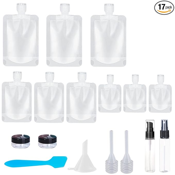 SEQUHITKU 17 Pack Travel Pouches for Toiletries,TSA Approved,Portable Containers,Stand Up Pouch,Refillable Travel Accessories for Shampoo Conditioner Lotion Soap Liquids (A-17pcs)