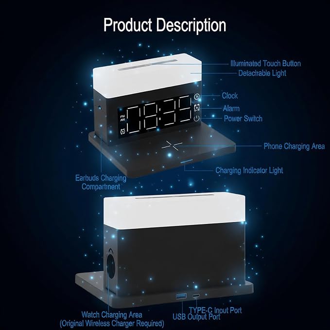 AYI Multifunctional Wireless Charging Station with Alarm Clock, 15W Fast Charger for Phones Watches Earbuds Qi-Certified, Stand with 7 RGB Night Light Modes - N65 White.