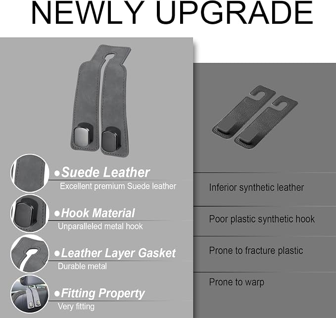 Car Seat Hooks for Headrest, Car Purse Hook & Back Storage Hook, Zinc Alloy & Suede Material Heavy Duty Car Hooks for Purses and Bags,Universal Fit for Most Vehicles ((Grey-2 Pack)