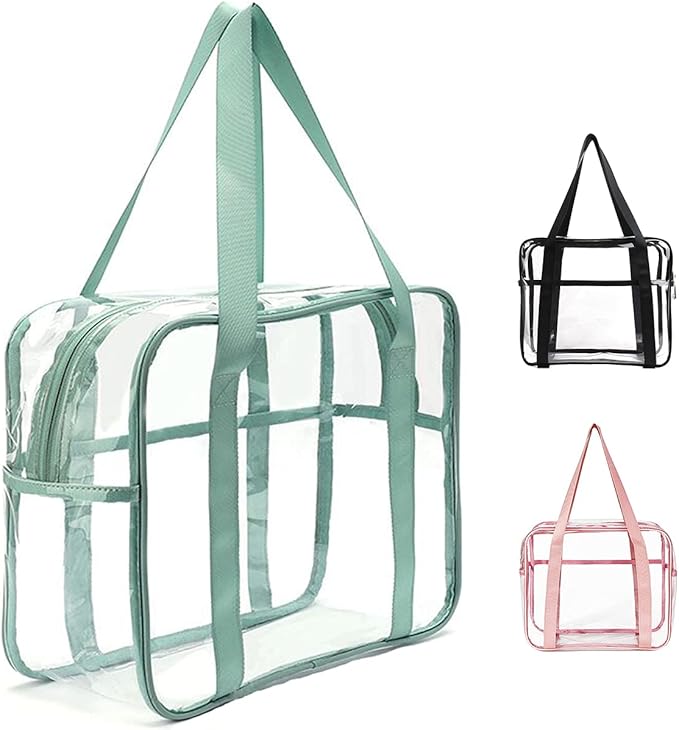 SxoSyo Clear Makeup Bags Large Travel Toiletry Bag for Women Transparent Bag with Handle Clear Cosmetic Bathroom Organizer PVC Zipper Closure Handbag Beach Bag (light blue)