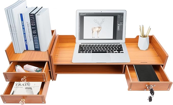 AngelcityCC Monitor Stand Riser, 3 Tiers Laptop Computer Monitor Riser, Desktop Wooden Screen Monitor Stand Riser with Drawers&Lock for Home Office School