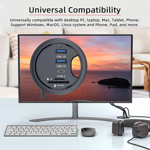 ChenYang USB 3.0 Flush Mount Desktop HUB,2 USB 3.0 Port/1 USB C Port HUB Grommet Hole 2.36"(60mm) with SD/TF Card Reader Port