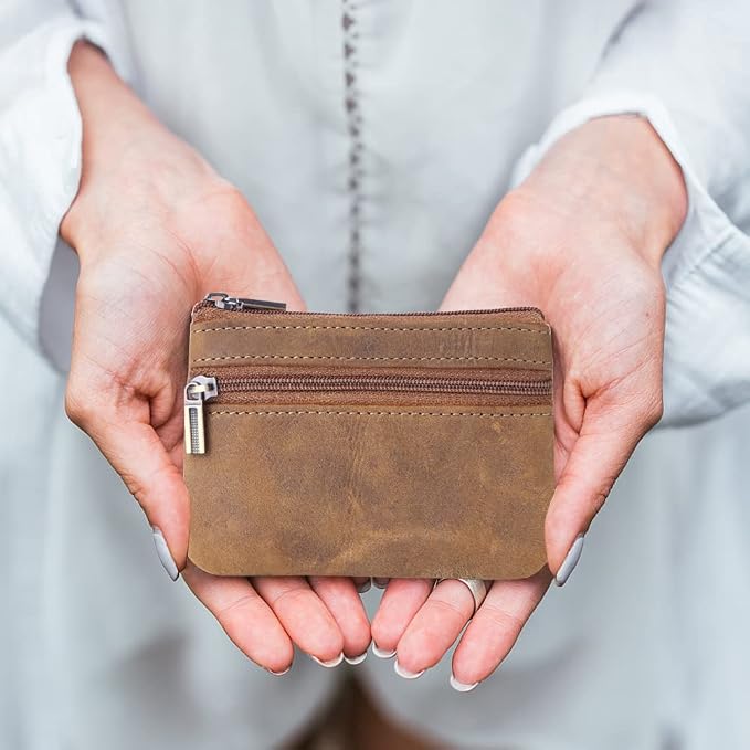 Genuine Leather Coin Purse, Small Coin Pouch for Men Women, Cash Change Wallet Key Holder Money Pouch with Key Ring, Zipper Storage Bag Coin Organizer