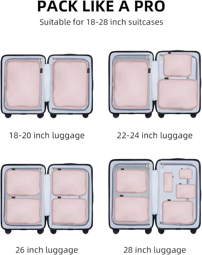 Compression Packing Cubes for Travel, 6-Piece Set (Large/Medium/Small), Double-Zip Luggage Organizers for Suitcase & Carry-On, Clothes Storage Bags (Dusty Pink, 6 Pack)
