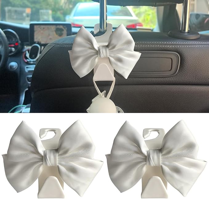 2 Pack Car Seat Headrest Hook, Auto Seat Hook Hangers Storage Organizer Interior Accessories for Handbag Clothes Coats Grocery Bags (White silk)