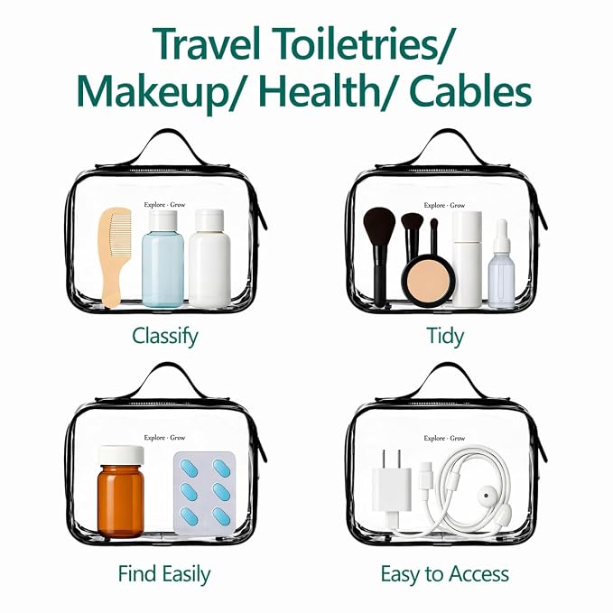 PACKISM Clear Makeup Bag Combo Pack, 1 TSA Approved Medium & Large for Checked Luggage, Clear Toiletry Bag with Handle, Water-resistant Travel Essentials Organizer, Elegant Black