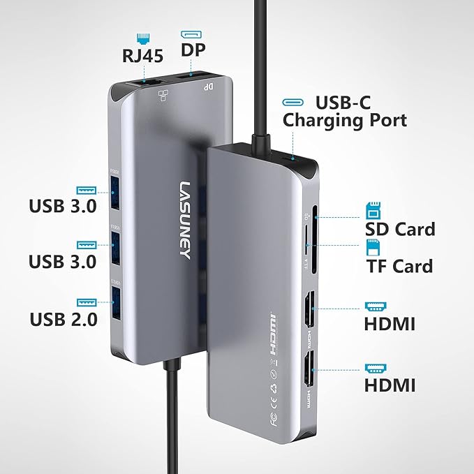 Lasuney Triple Display 10 in 1 USB Type C HUB with to 2 HDMI, Displayport, PD3.0, Ethernet, 3 USB Ports, SD/TF, Multiport Adapter Docking Station Dongle for Laptop