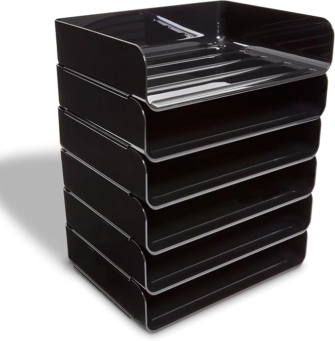 TRU RED Side‑Load Stackable Plastic Letter Tray, Black, 6‑Pack – Desktop Paper Organizer for Office Files & Documents
