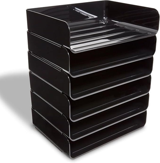 TRU RED Side‑Load Stackable Plastic Letter Tray, Black, 6‑Pack – Desktop Paper Organizer for Office Files & Documents