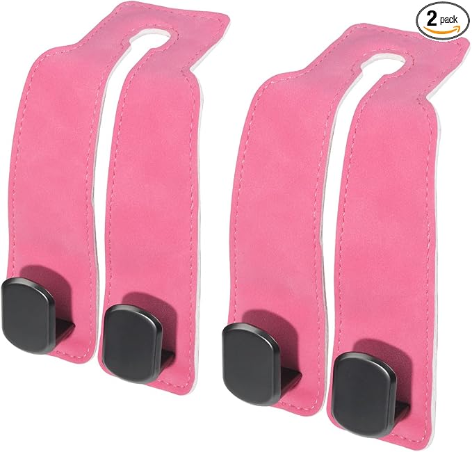Car Seat Hooks for Headrest, Car Purse Hook & Back Storage Hook, Zinc Alloy & Suede Material Heavy Duty Car Hooks for Purses and Bags,Universal Fit for Most Vehicles (Pink-2 Pack)