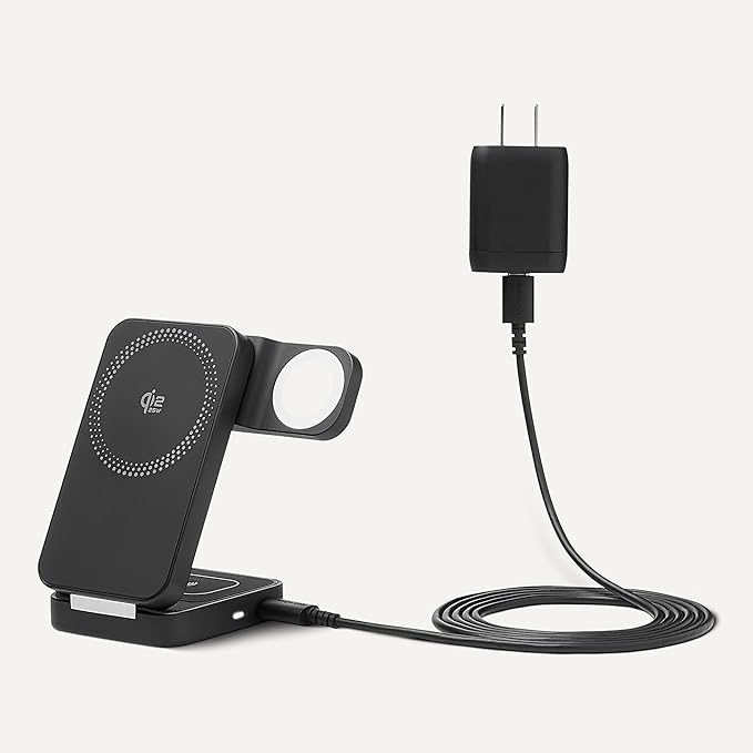 Amazon Basics MagSafe Compatible 25W Fast Charging Qi2.2 Certified 3-in-1 Wireless Charging Station, Foldable Stand for iPhone 17/16/15/14/13/12, Apple Watch, AirPods, with 45W Adapter, Black