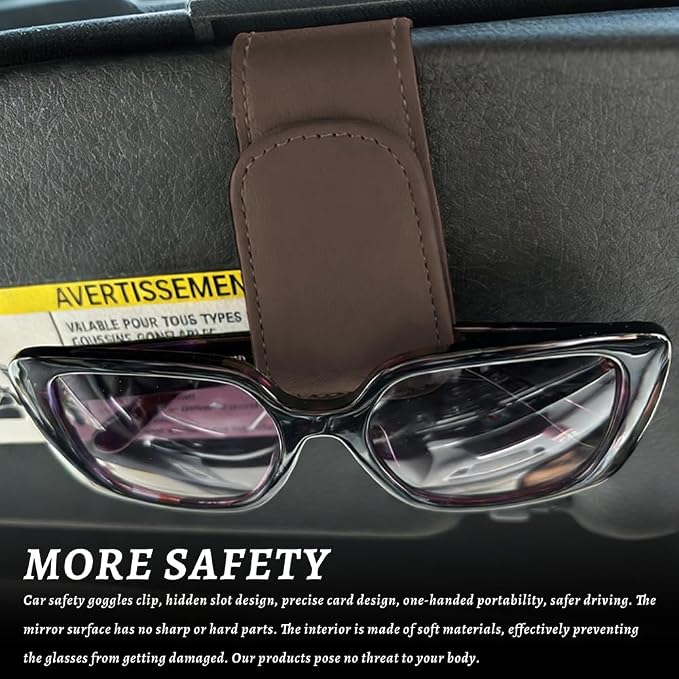 Sunglass Holder for Car, Car Sunglass Holder, Magnetic Leather Sunglasses Holder and Ticket Card Clip, Auto Multi-Functional Sun Visor Eyeglass Holders for SUV Pickup Truck (Brown)