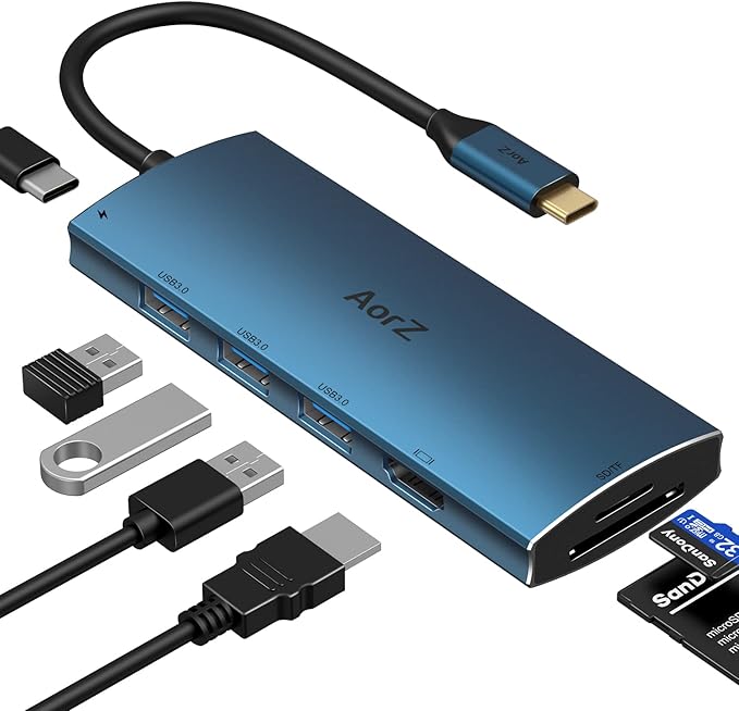 USB C Hub, USB Hub to HDMI Multiport AorZ USB c Dongle Adapter 7 in 1 with 4K HDMI Output,3 USB 3.0 Ports,SD/Micro SD Card Reader,100W PD, Compatible with Macbook,XPS and More Type C Device(Deep Blue)