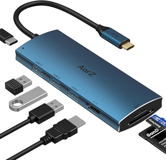 USB C Hub, USB Hub to HDMI Multiport AorZ USB c Dongle Adapter 7 in 1 with 4K HDMI Output,3 USB 3.0 Ports,SD/Micro SD Card Reader,100W PD, Compatible with Macbook,XPS and More Type C Device(Deep Blue)