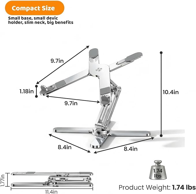Moallia N86 360 Rotating Laptop Stand, Adjustable Height & Angle, Ergonomic Metal Riser for Desk Collaborative Work, Fully Foldable for Easy Storage, Fits All MacBook & Laptops up to 16 inches, Silver
