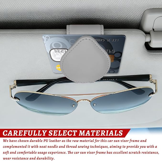 Sunglasses Holders for Car Visor, PU Leather Car Organizer, Magnetic Glasses Holder and Ticket Card Clip, Multi-Functional Auto Sun Visor Eyeglass Holder for Most Vehicles (Grey)