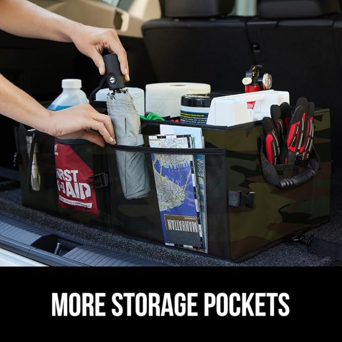 GORILLA GRIP Large Capacity Sturdy Trunk Storage Organizer, Slip and Water Resistant Collapsible Organization Container for Car Sedan or SUV, Multi Compartment Box Vehicle Accessories, Camo