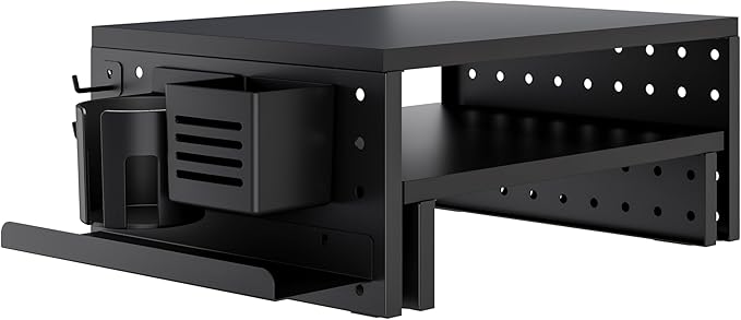 Kantek Pegboard Dual Monitor/Laptop Stand, 2 Ergonomic Platforms, Includes Accessories, Desk Organizer, Black MDF and Metal