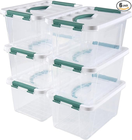 Eslite 6 Quart Plastic Stackable Storage Latch Bins,Clear Latching Box with Handle and Lid,Pack of 6 (Green Handle)